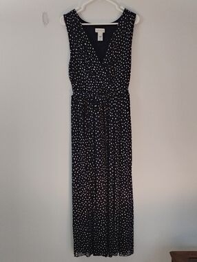 Kate & Lily Navy Polka Dot Chiffon V-Neck Surplice Maxi Dress Size 14 Like New